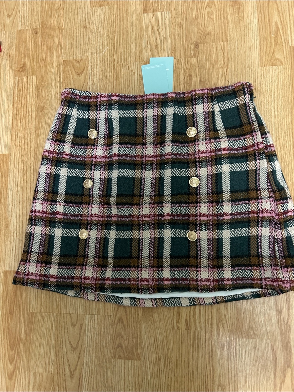 Plaid Mini Skirt with Gold Buttons — Green & Pink